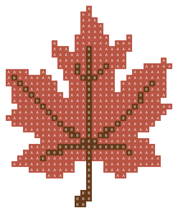 Cross-stitch chart of an orange-red maple leaf
