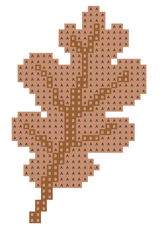 Cross-stitch chart of an oak leaf in russet and brown