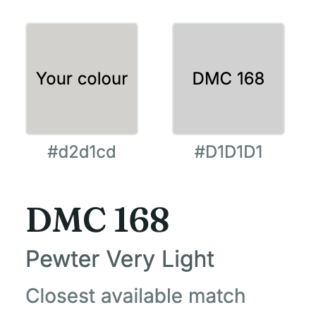 The converter showing the sampled white, #d2d1cd, next to DMC 168 Pewter Very Light, #D1D1D1