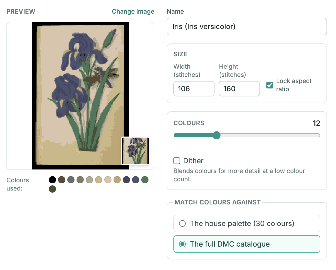 The converter preview at 106 × 160 stitches and 12 colours: cleaner, but the dragonfly is a brown shape with no wings and there are black stitches in the petals