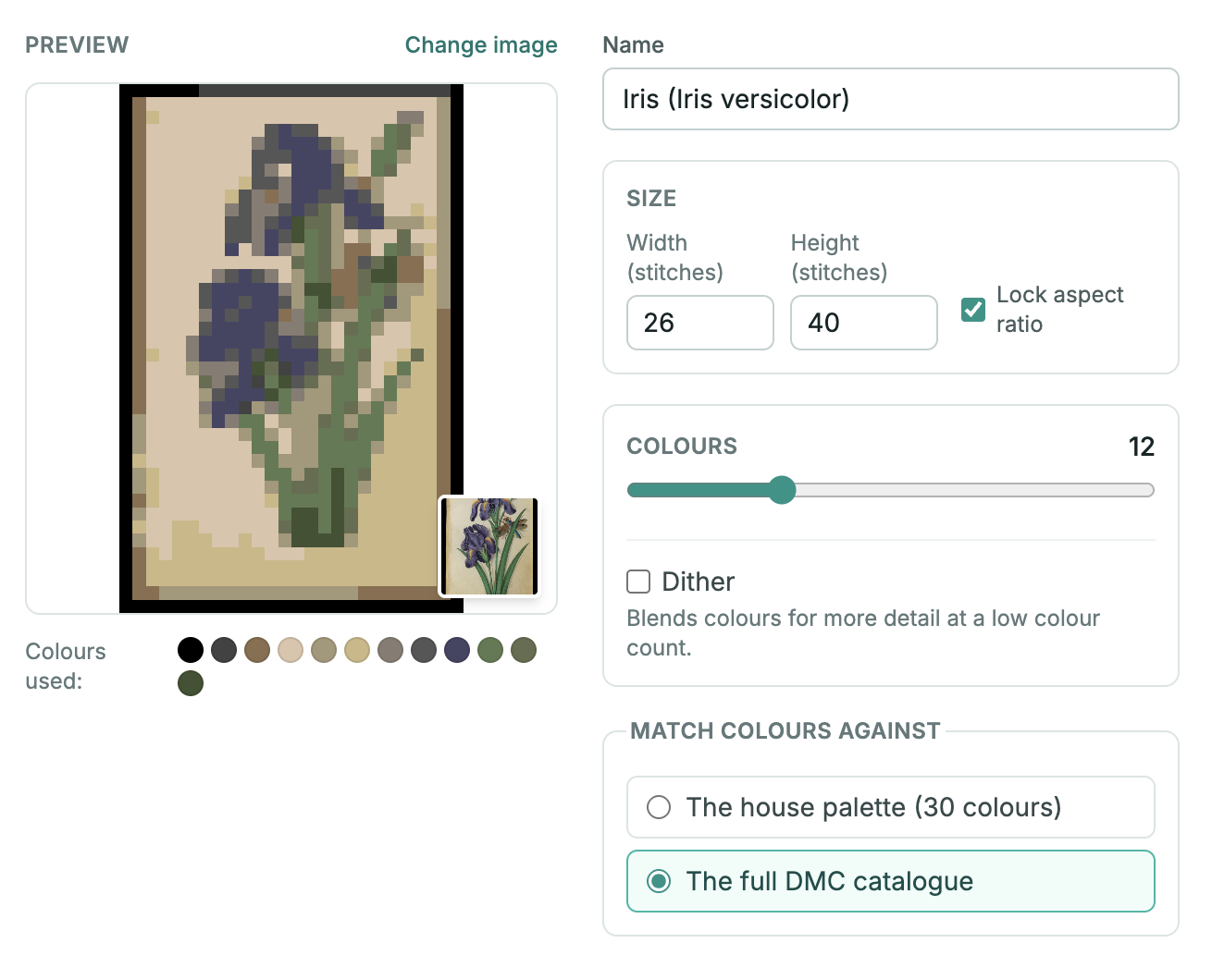 The converter preview at 26 × 40 stitches and 12 colours: the irises are a few purple blocks and the dragonfly can’t be seen
