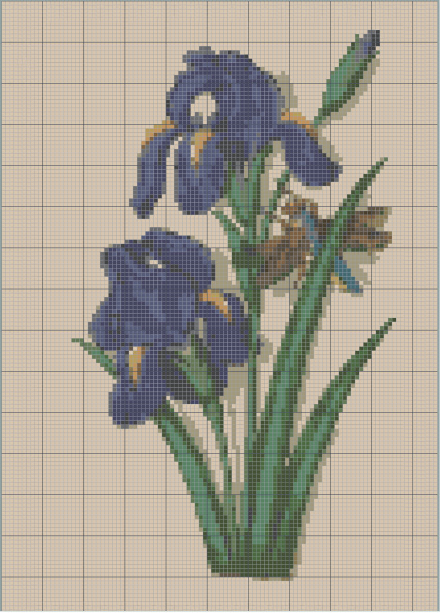 The cleaned-up cross stitch pattern: two purple irises and green leaves on a beige background, with a dragonfly