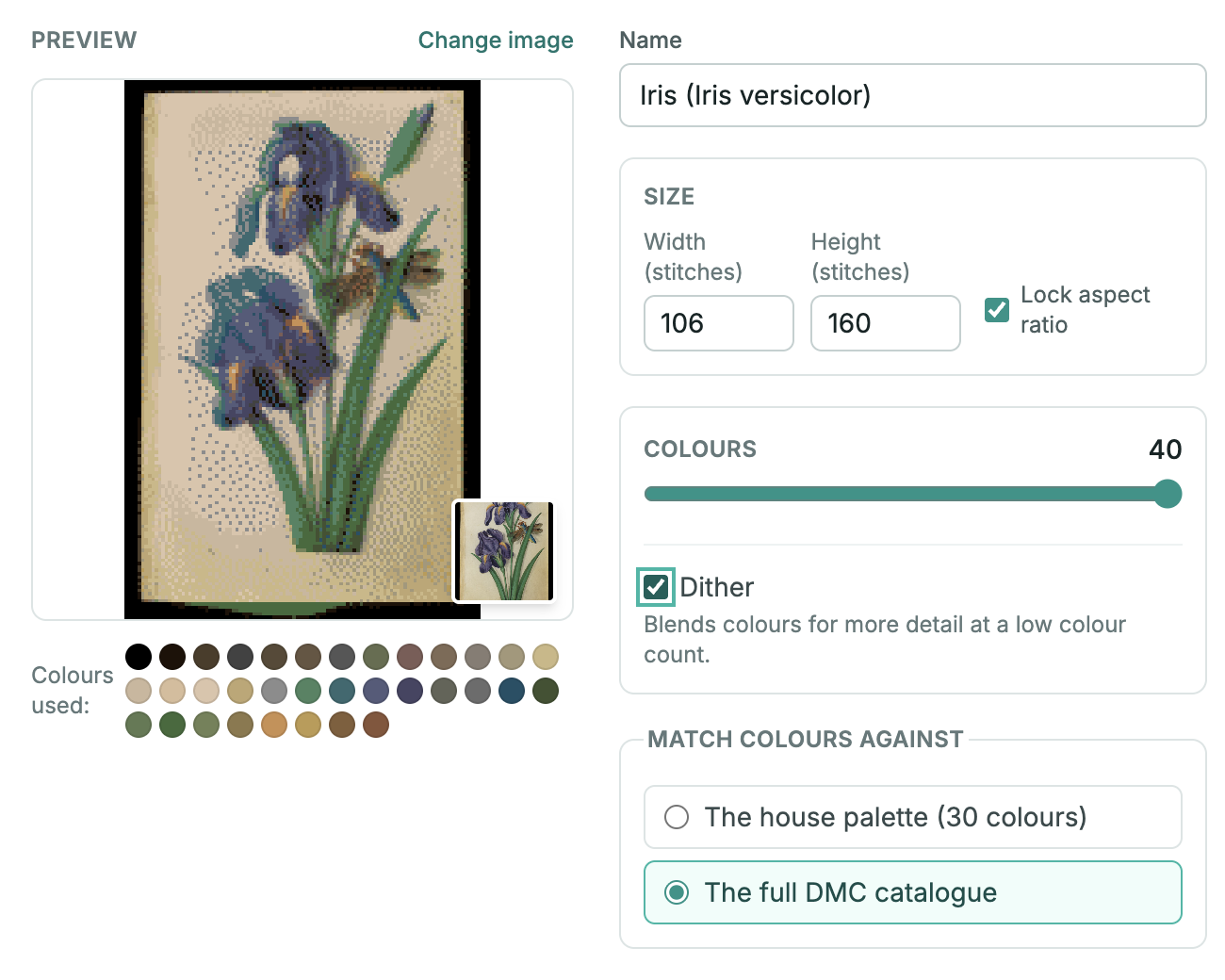 The converter preview with dithering turned on: the background and petals are speckled with scattered single stitches