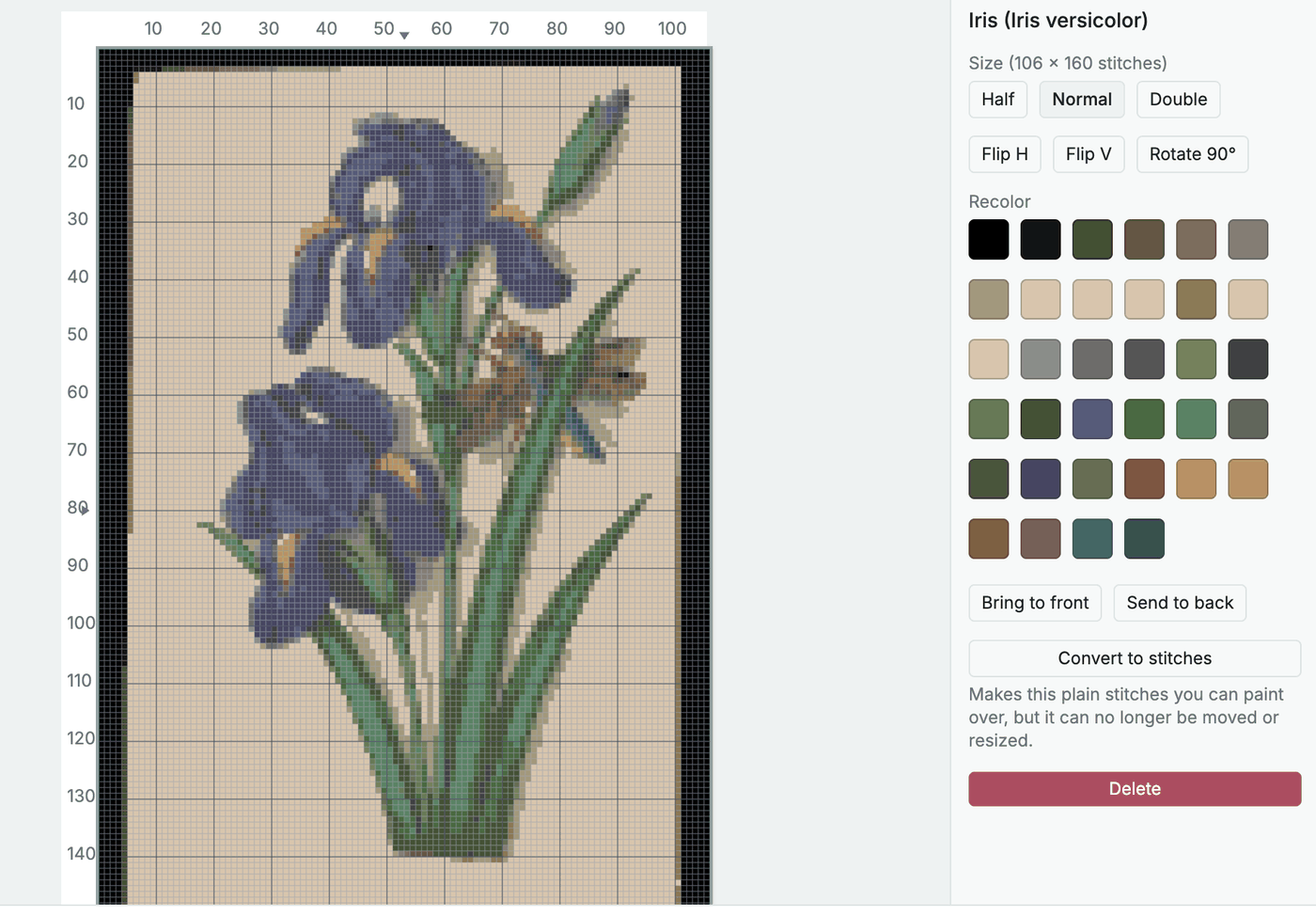 The Heddle editor with the iris pattern on the grid and a panel of recolour swatches for the colours used