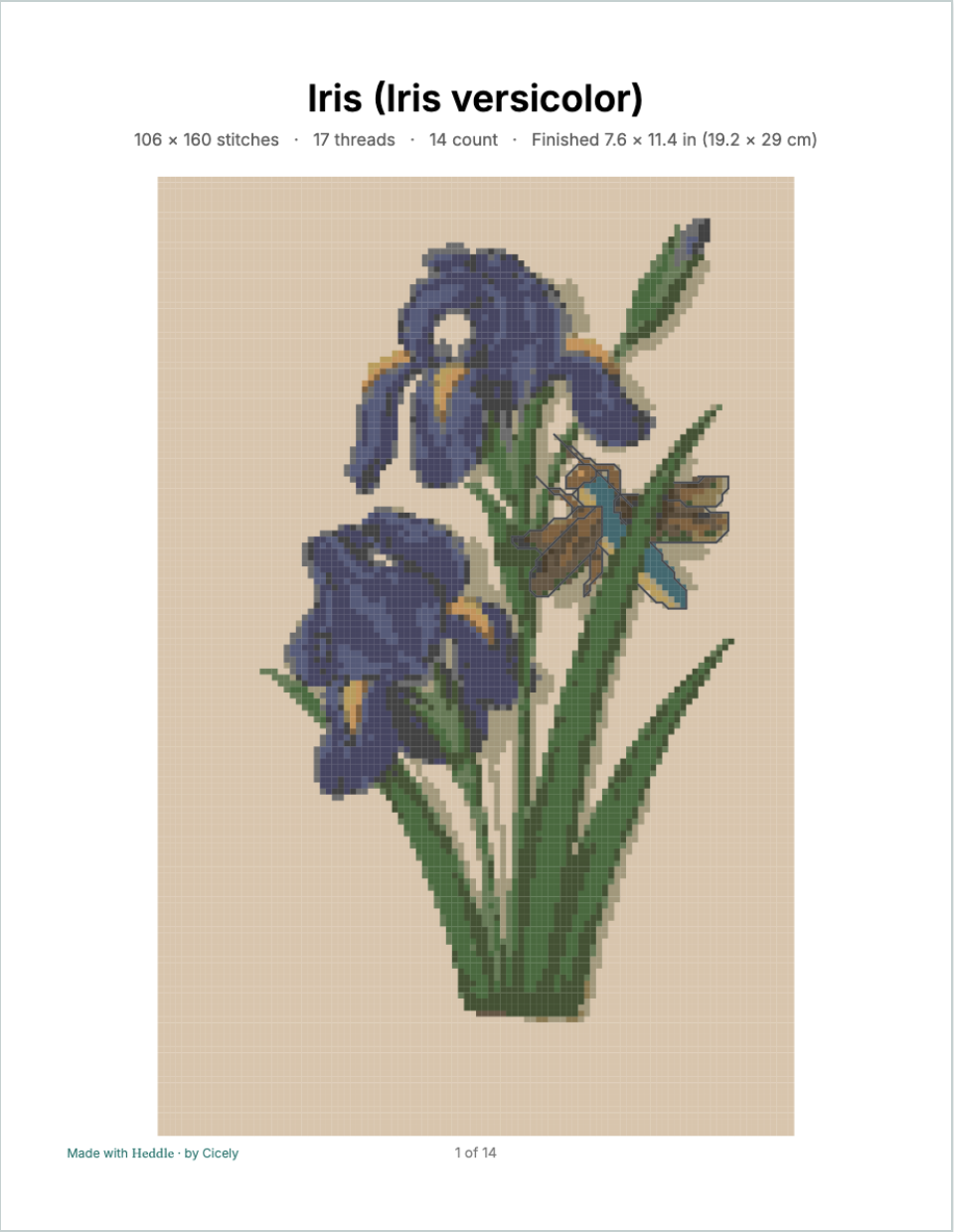 The finished iris pattern as a printable chart titled Iris (Iris versicolor): 106 × 160 stitches, 17 threads, 14 count, with the dragonfly outlined in backstitch