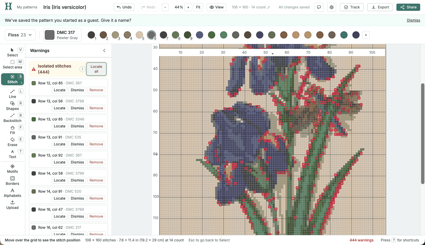 The editor’s warnings panel listing 444 isolated stitches, with a red circle on each one across the pattern