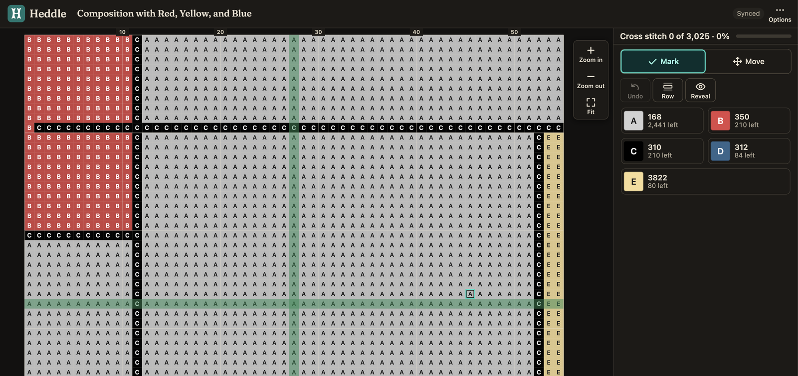 Heddle’s Stitch view showing part of the Mondrian chart: a grid of squares each holding a letter, with red B squares at the top left, black C lines, grey A squares, ruler numbers along the top and a thread list on the right