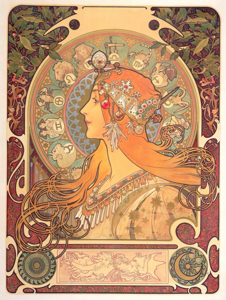 Alphonse Mucha’s art nouveau "Zodiac" poster, featuring a woman in profile framed by a jewelled halo and zodiac signs