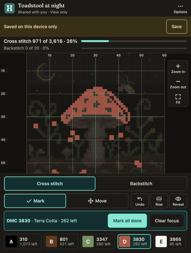 Stitch view with the terracotta thread, DMC 3830, in focus: the toadstool cap and small flowers are in colour and the rest of the chart is faded, with 262 stitches left and buttons to mark all done or clear focus