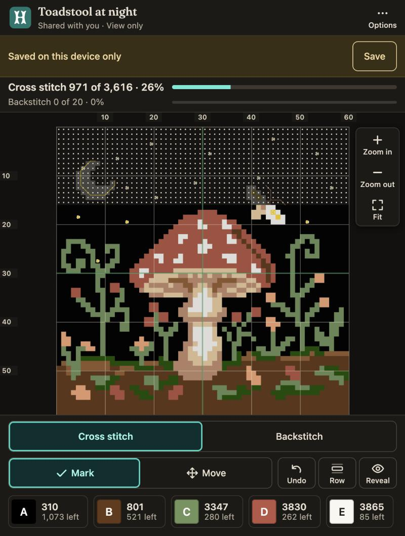 Heddle’s Stitch view on a phone showing the Toadstool at Night chart, with the top rows of the black sky ticked off and a progress bar reading cross stitch 971 of 3,616, 26%